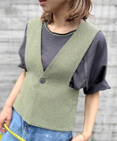 mi via loca(ミヴィアロカ)の「【2WAY】チェック柄シャーリング ビスチェ・ベスト(ベスト・レディース・ライム/ブルー/ネイビー/ピンク・FREE)」の13枚目の写真