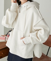 キーネックボリュームスリーブ 裏起毛オーバーフーディー