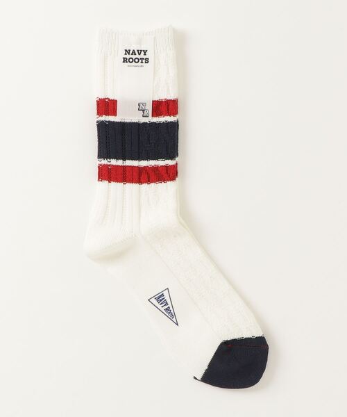 NAVY ROOTS（ネイビールーツ）の「NAVY ROOTS/ネイビールーツ/ケーブルボーダー（ソックス/靴下・メンズ・ネイビー/モスグリーン/イエロー・F）」の3枚目の写真