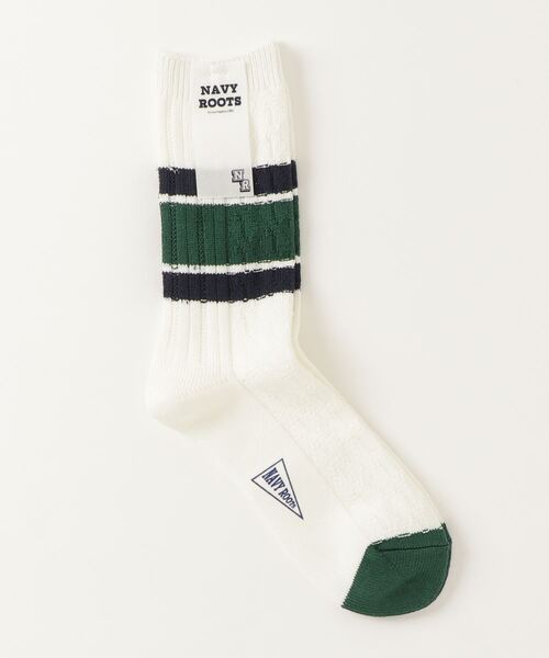 NAVY ROOTS（ネイビールーツ）の「NAVY ROOTS/ネイビールーツ/ケーブルボーダー（ソックス/靴下・メンズ・ネイビー/モスグリーン/イエロー・F）」の2枚目の写真