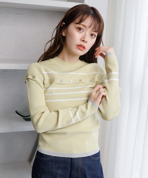 LADYMADE(レディメイド)の「オープンスリーブボーダーニット(ニット/セーター・レディース・ブラック/ホワイト/黄緑系・FREE)」の3枚目の写真