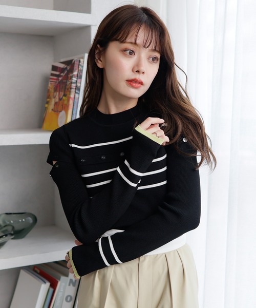 LADYMADE(レディメイド)の「オープンスリーブボーダーニット(ニット/セーター・レディース・ブラック/ホワイト/黄緑系・FREE)」の2枚目の写真