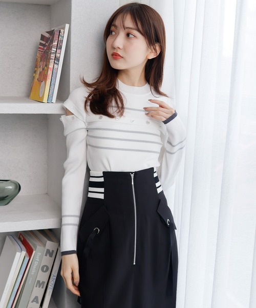 LADYMADE(レディメイド)の「オープンスリーブボーダーニット(ニット/セーター・レディース・ブラック/ホワイト/黄緑系・FREE)」の4枚目の写真