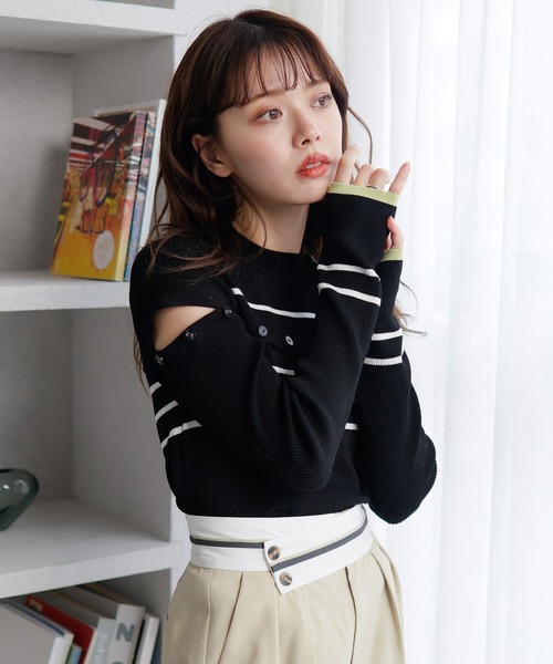 LADYMADE(レディメイド)の「オープンスリーブボーダーニット(ニット/セーター・レディース・ブラック/ホワイト/黄緑系・FREE)」の14枚目の写真