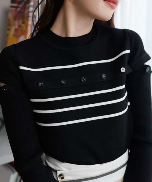 LADYMADE(レディメイド)の「オープンスリーブボーダーニット(ニット/セーター・レディース・ブラック/ホワイト/黄緑系・FREE)」の15枚目の写真