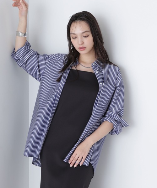 【新品】ナチュラルビューティーベーシック ストライプオーバーシャツ ブルー NATURAL BEAUTY BASIC（ナチュラルビューティーベーシック）の