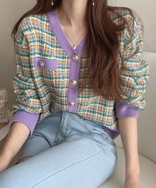 Miniministore(ミニミニストア)の「チェック柄 ニットカーディガン 春秋冬(カーディガン/ボレロ・レディース・ネイビー/ピンク/ブラック/ラベンダー・FREE)」の3枚目の写真