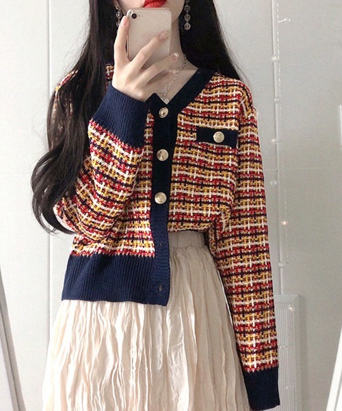 Miniministore(ミニミニストア)の「チェック柄 ニットカーディガン 春秋冬(カーディガン/ボレロ・レディース・ネイビー/ピンク/ブラック/ラベンダー・FREE)」の14枚目の写真