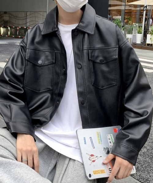 SEN TOKYO(セントーキョー)の「無骨な存在感。ビッグシルエットPUレザーシャツジャケット(ライダースジャケット・メンズ・ブラック・L/M)」の3枚目の写真