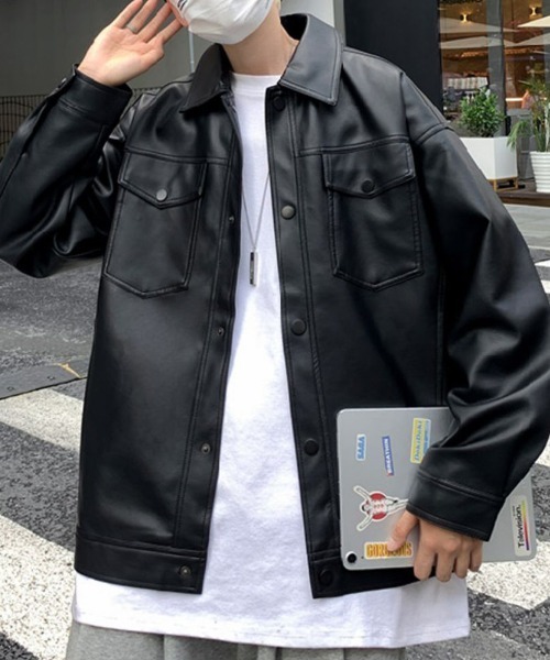 SEN TOKYO(セントーキョー)の「無骨な存在感。ビッグシルエットPUレザーシャツジャケット(ライダースジャケット・メンズ・ブラック・L/M)」の4枚目の写真