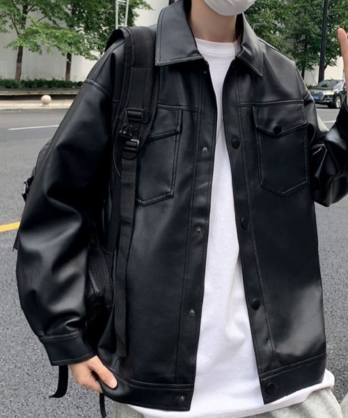 SEN TOKYO(セントーキョー)の「無骨な存在感。ビッグシルエットPUレザーシャツジャケット(ライダースジャケット・メンズ・ブラック・L/M)」の5枚目の写真