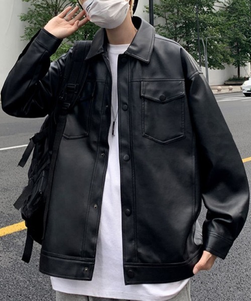 SEN TOKYO(セントーキョー)の「無骨な存在感。ビッグシルエットPUレザーシャツジャケット(ライダースジャケット・メンズ・ブラック・L/M)」の10枚目の写真