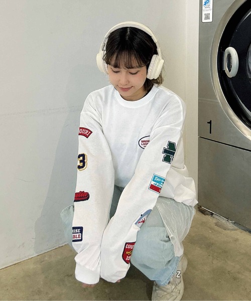 AS KNOW AS plus（アズノゥアズプラス）の「◎アソートワッペンロンT【UNISEX ITEM】（Tシャツ/カットソー・レディース・スミクロ/オートミール/ミント/オフホワイト/ダークグリーン/サックスブルー系/アイボリー系/ブラック系/ホワイト系/ホワイト系1/ダークグリーン系1/ブラック系1/アイボリー系1/ダークグリーン系2/ブラック系2/ホワイト系2/アイボリー系2・FREE）」の2枚目の写真