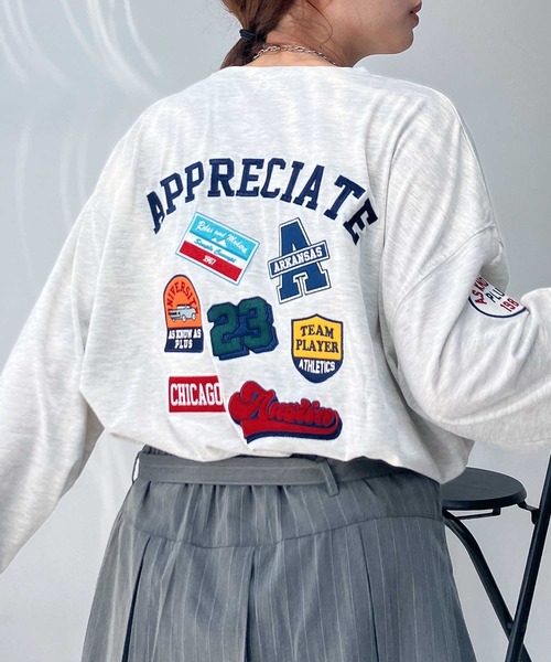 AS KNOW AS plus（アズノゥアズプラス）の「◎アソートワッペンロンT【UNISEX ITEM】（Tシャツ/カットソー・レディース・スミクロ/オートミール/ミント/オフホワイト/ダークグリーン/サックスブルー系/アイボリー系/ブラック系/ホワイト系/ホワイト系1/ダークグリーン系1/ブラック系1/アイボリー系1/ダークグリーン系2/ブラック系2/ホワイト系2/アイボリー系2・FREE）」の11枚目の写真