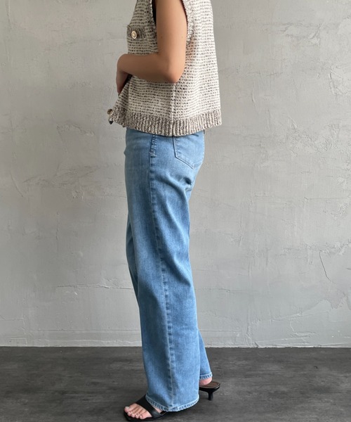 YANUK ライトブルーダメージデニム　LEA YANUK/ヤヌーク] LEA ハイウエストボーイズストレートダメージデニム