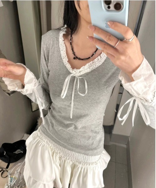 almo(アルモ)の「フリル切替リボンカットソー(BQ)(Tシャツ/カットソー・レディース・グレー・FREE)」の5枚目の写真