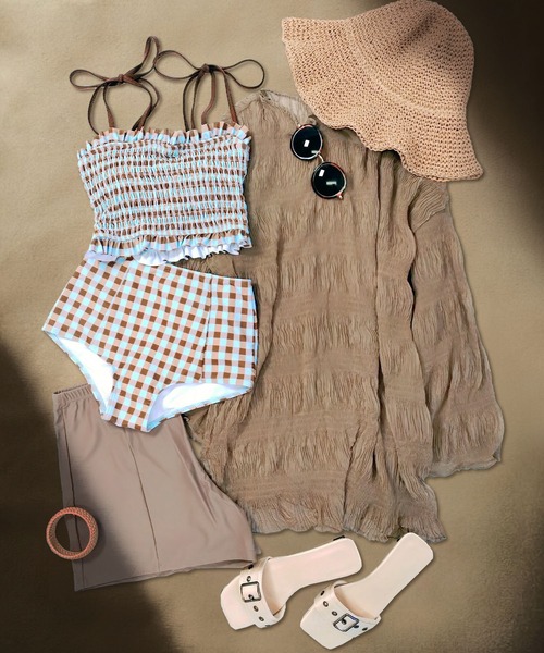 OSYAREVO(オシャレボ)の「水着 レディース 体型カバー シアートップス付き シャーリング ビキニ セットアップ 4点セット セパレート(水着・レディース・ブラック/ブルー/レモンイエロー/オフホワイト/オリーブ系/モカ/ネイビー/ブラウン/ライトグレー/ライム/グリーン系その他/オリーブ系2/ライトブラウン/グレー系その他/ブラック系その他/ホワイト系その他/オリーブ系3/グリーン系/ブラウン系その他2/ネイビー系2/ネイビー系/ブラウン系/ブラウン系その他/モスグリーン・MEDIUM/LARGE/X-LARGE)」の13枚目の写真