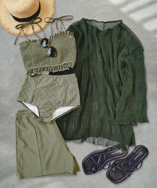 OSYAREVO(オシャレボ)の「水着 レディース 体型カバー シアートップス付き シャーリング ビキニ セットアップ 4点セット セパレート(水着・レディース・ブラック/ブルー/レモンイエロー/オフホワイト/オリーブ系/モカ/ネイビー/ブラウン/ライトグレー/ライム/グリーン系その他/オリーブ系2/ライトブラウン/グレー系その他/ブラック系その他/ホワイト系その他/オリーブ系3/グリーン系/ブラウン系その他2/ネイビー系2/ネイビー系/ブラウン系/ブラウン系その他/モスグリーン・MEDIUM/LARGE/X-LARGE)」の19枚目の写真