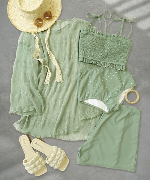 OSYAREVO(オシャレボ)の「水着 レディース 体型カバー シアートップス付き シャーリング ビキニ セットアップ 4点セット セパレート(水着・レディース・ブラック/ブルー/レモンイエロー/オフホワイト/オリーブ系/モカ/ネイビー/ブラウン/ライトグレー/ライム/グリーン系その他/オリーブ系2/ライトブラウン/グレー系その他/ブラック系その他/ホワイト系その他/オリーブ系3/グリーン系/ブラウン系その他2/ネイビー系2/ネイビー系/ブラウン系/ブラウン系その他/モスグリーン・MEDIUM/LARGE/X-LARGE)」の20枚目の写真