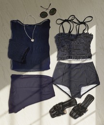 OSYAREVO | 水着 レディース 体型カバー シアートップス付き シャーリング ビキニ セットアップ 4点セット セパレート(水着)