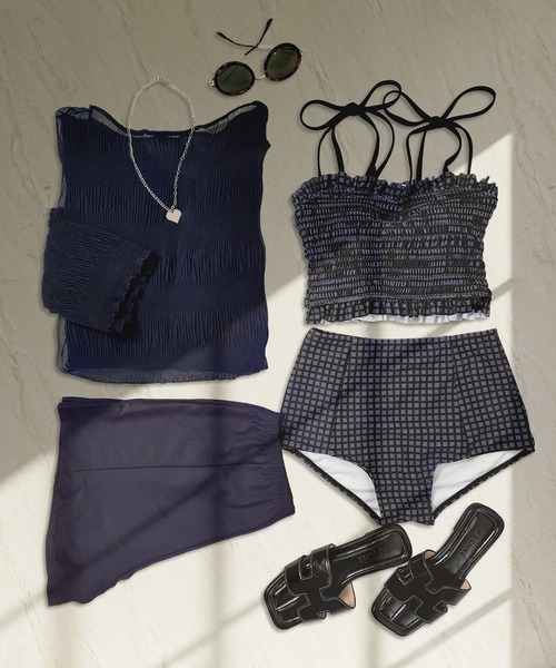 OSYAREVO(オシャレボ)の「水着 レディース 体型カバー シアートップス付き シャーリング ビキニ セットアップ 4点セット セパレート(水着・レディース・ブラック/ブルー/レモンイエロー/オフホワイト/オリーブ系/モカ/ネイビー/ブラウン/ライトグレー/ライム/グリーン系その他/オリーブ系2/ライトブラウン/グレー系その他/ブラック系その他/ホワイト系その他/オリーブ系3/グリーン系/ブラウン系その他2/ネイビー系2/ネイビー系/ブラウン系/ブラウン系その他/モスグリーン・MEDIUM/LARGE/X-LARGE)」の1枚目の写真