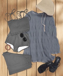 OSYAREVO | 水着 レディース 体型カバー シアートップス付き シャーリング ビキニ セットアップ 4点セット セパレート(水着)