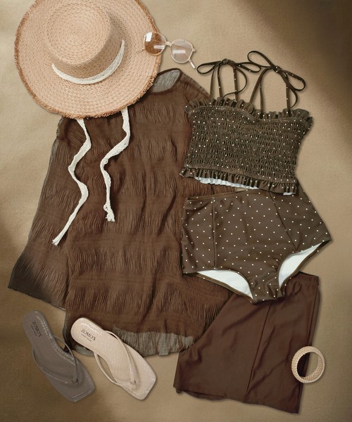 OSYAREVO(オシャレボ)の「水着 レディース 体型カバー シアートップス付き シャーリング ビキニ セットアップ 4点セット セパレート(水着・レディース・ブラック/ブルー/レモンイエロー/オフホワイト/オリーブ系/モカ/ネイビー/ブラウン/ライトグレー/ライム/グリーン系その他/オリーブ系2/ライトブラウン/グレー系その他/ブラック系その他/ホワイト系その他/オリーブ系3/グリーン系/ブラウン系その他2/ネイビー系2/ネイビー系/ブラウン系/ブラウン系その他/モスグリーン・MEDIUM/LARGE/X-LARGE)」の11枚目の写真