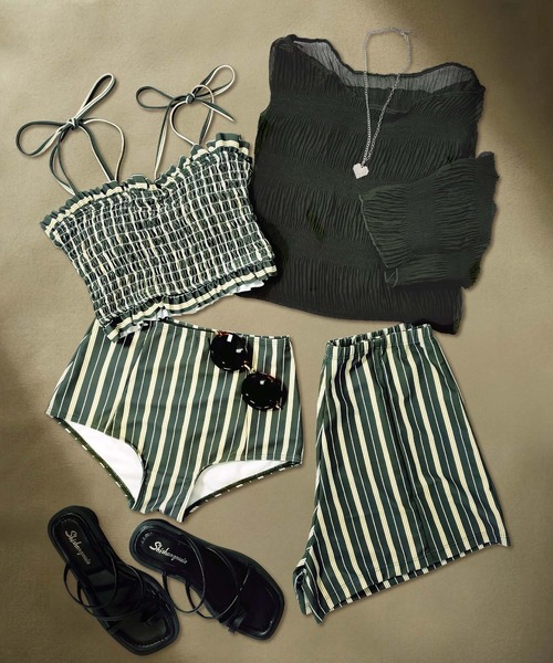 OSYAREVO(オシャレボ)の「水着 レディース 体型カバー シアートップス付き シャーリング ビキニ セットアップ 4点セット セパレート(水着・レディース・ブラック/ブルー/レモンイエロー/オフホワイト/オリーブ系/モカ/ネイビー/ブラウン/ライトグレー/ライム/グリーン系その他/オリーブ系2/ライトブラウン/グレー系その他/ブラック系その他/ホワイト系その他/オリーブ系3/グリーン系/ブラウン系その他2/ネイビー系2/ネイビー系/ブラウン系/ブラウン系その他/モスグリーン・MEDIUM/LARGE/X-LARGE)」の15枚目の写真