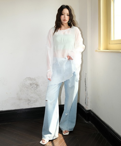 新品　OSYAREVO シアートップス付シャーリングビキニセットアップ　白　水玉 オシャレボ OSYAREVO 【ネット限定】シアートップス付き