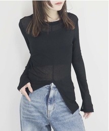 Reurie' | センタースリットトップス/center slit top 長袖 クルーネック シアー 透け感 シンプル レディライク きれいめ 大人カジュアル モノトーン 黒 ブラック(Tシャツ/カットソー)