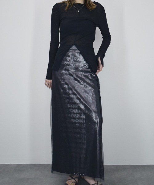 Reurie'(レウリィ)の「センタースリットトップス/center slit top 長袖 クルーネック シアー 透け感 シンプル レディライク きれいめ 大人カジュアル モノトーン 黒 ブラック(Tシャツ/カットソー・レディース・ブラック・FREE)」の3枚目の写真