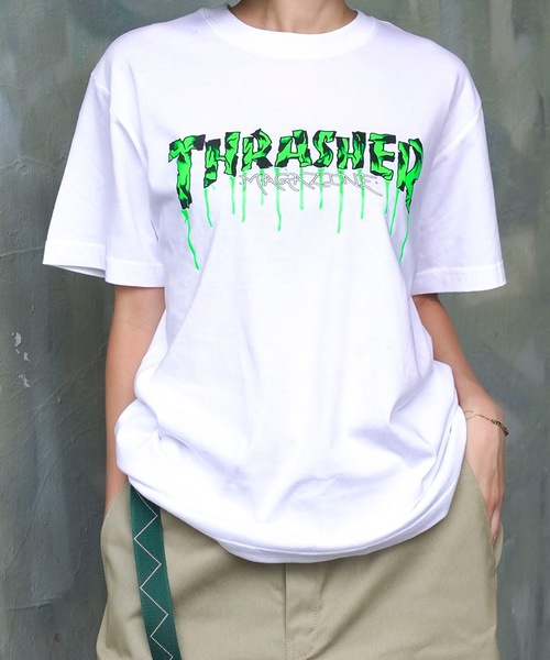THRASHER(スラッシャー)の「Blood Drip S/S T-SHIRTS/スラッシャー5.6オンススタンダードフィットブラッドドリップロゴプリント半袖Tシャツ(Tシャツ/カットソー・メンズ・ホワイト×グリーン/ブラック×グリーン・MEDIUM/XX-LARGE/X-LARGE/LARGE)」の2枚目の写真