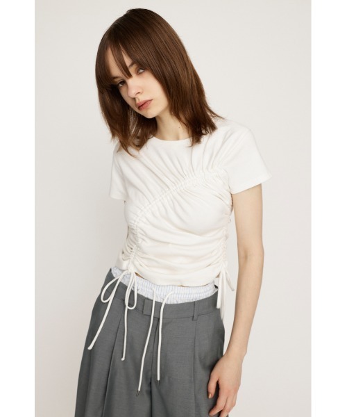 SLY（スライ）の「【再入荷】DROST GATHER COMPACT TOPS ドロスト ギャザー コンパクト トップス（Tシャツ/カットソー・レディース・ブラック/ホワイト/レッド/杢グレー・FREE）」の10枚目の写真