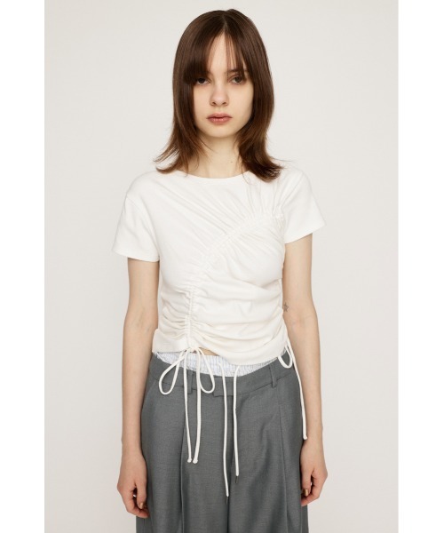 SLY（スライ）の「【再入荷】DROST GATHER COMPACT TOPS ドロスト ギャザー コンパクト トップス（Tシャツ/カットソー・レディース・ブラック/ホワイト/レッド/杢グレー・FREE）」の11枚目の写真