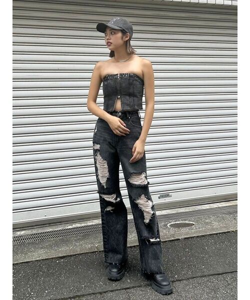 EVRIS（エヴリス）の「ジップデニムビスチェ（キャミソール・レディース・ブラック/ブルー・FREE）」の3枚目の写真