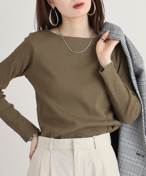 atONE(アットワン)の「2×2リブボートネックカット(Tシャツ/カットソー・レディース・ベージュ/ブラック/カーキ/オフホワイト/杢グレー・L/LL/3L/4L/M)」の22枚目の写真