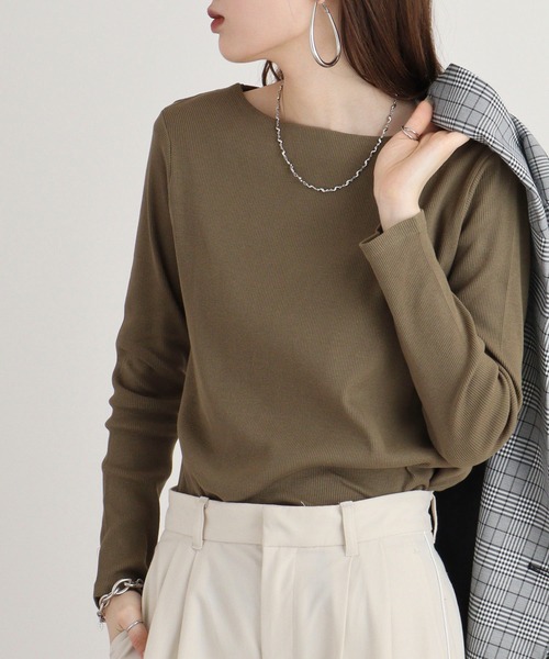 atONE(アットワン)の「2×2リブボートネックカット(Tシャツ/カットソー・レディース・ベージュ/ブラック/カーキ/オフホワイト/杢グレー・L/LL/3L/4L/M)」の21枚目の写真