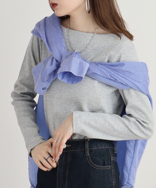 atONE(アットワン)の「2×2リブボートネックカット(Tシャツ/カットソー・レディース・ベージュ/ブラック/カーキ/オフホワイト/杢グレー・L/LL/3L/4L/M)」の11枚目の写真