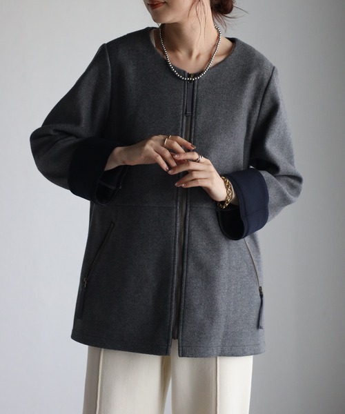 【セール】ウール調フェルト配色ノーカラージャケット（ノーカラージャケット）｜＆HALF（アンドハーフ）