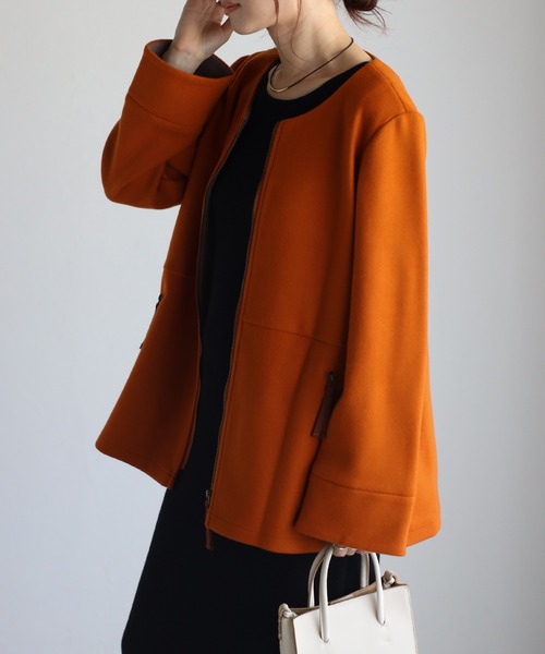 &HALF(アンドハーフ)の「ウール調フェルト配色ノーカラージャケット(バイカラー)(ノーカラージャケット・レディース・ダークグレー/オレンジ/ホワイト/ブラック/エメラルド/イエロー・M/L)」の15枚目の写真