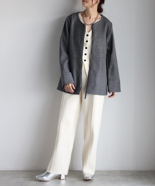 セール】ウール調フェルト配色ノーカラージャケット（バイカラー