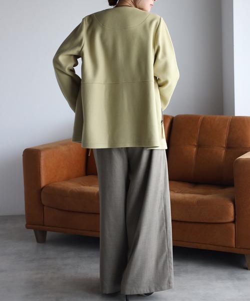 セール】ウール調フェルト配色ノーカラージャケット（バイカラー