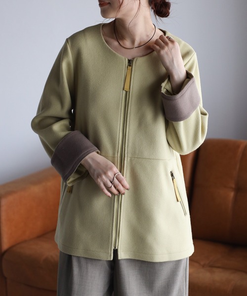 最終値下げFENNELフォーマルジャケットバイカラー セール】ウール調フェルト配色ノーカラージャケット（バイカラー