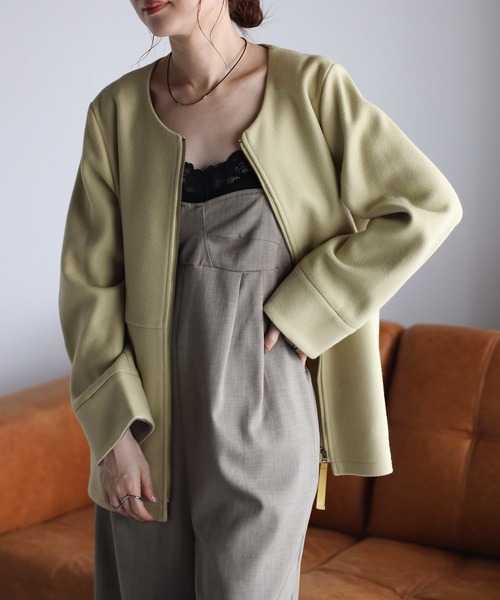 美品★ADORE｜デザインポケット ウール ノーカラージャケット セール】ウール調フェルト配色ノーカラージャケット（バイカラー