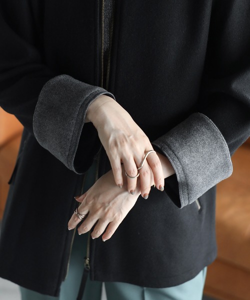 セール】ウール調フェルト配色ノーカラージャケット（バイカラー