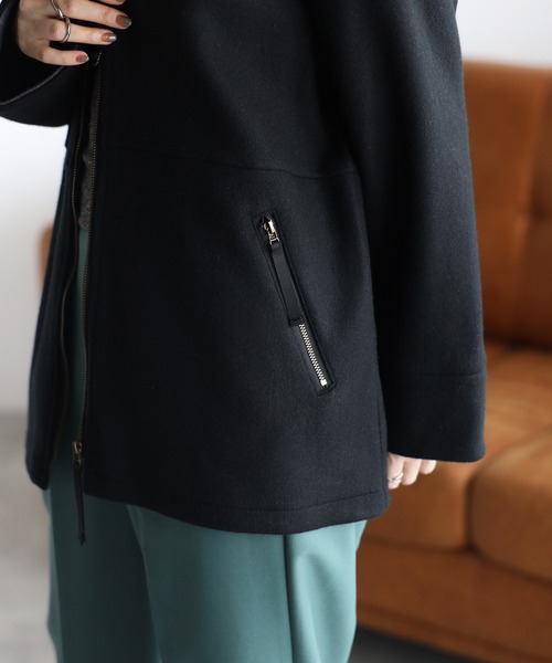 セール】ウール調フェルト配色ノーカラージャケット（バイカラー