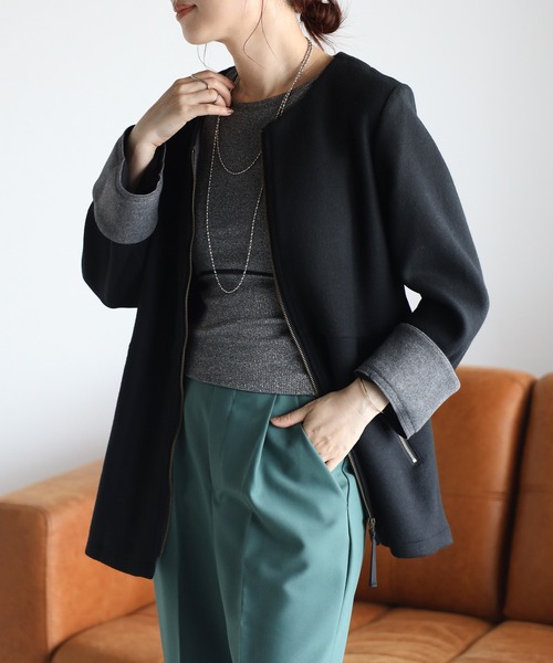 セール】ウール調フェルト配色ノーカラージャケット（バイカラー