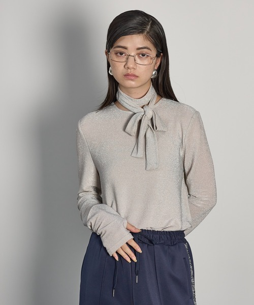 THE YOn(ザヨン)の「ボウタイセットグリッターフィンガーホールトップス(Tシャツ/カットソー・レディース・アイボリー/ミント/ブラック×シルバー/シルバー・FREE)」の12枚目の写真