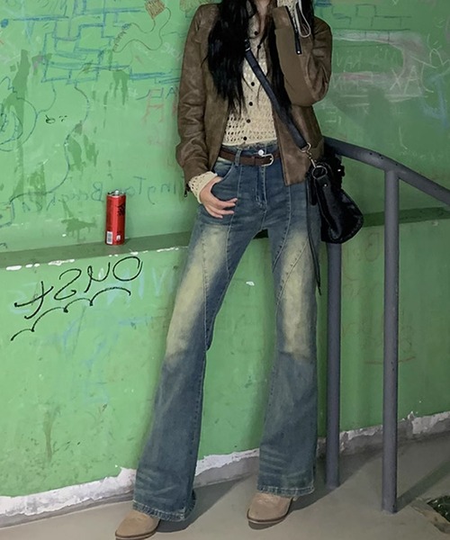 【セール】ヴィンテージ加工 セミフレアデニムパンツ（デニムパンツ）｜meJane（ミージェーン） 5,478円