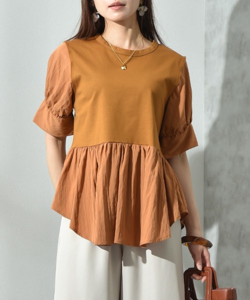 INTERPLANET（インタープラネット）の「異素材使い半袖プルオーバー（Tシャツ/カットソー・レディース・ブラウン/チャコールグレー/オフホワイト・FREE）」の3枚目の写真